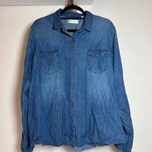 American Tall Womens 2XL Tall Denim Button‎ Down Shirt Medium Wash Cotton